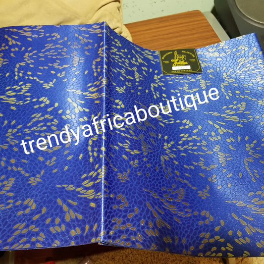 Nigerian royal blue/gold design Sago Gele head wrap. 2-1 pack gele. Easy to tie. 2 yds long by 19 inches wide. Classic African/Nigerian fabric for making gele (headtie) Sold per set. Price is for one set