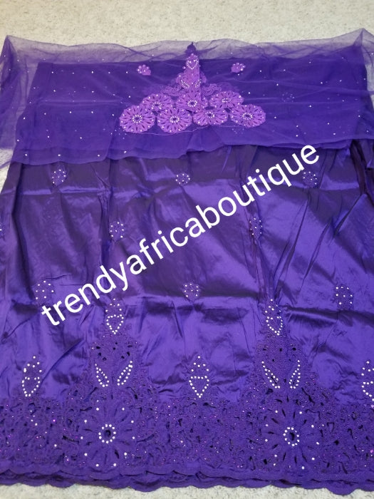 New arrival quality Purple embriodery/crystal stones silk George with matching net for blouse combination. Top Quality Indian-George for making Nigerian/African party dress. 5yds +1.8yds blouse. aso-ebi order available,