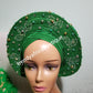 Clearance: Ready to ship Nigerian Green auto-gele. Wahala free gele all ready made for you with quality aso-oke from mother land. Embellished with beads and stones.