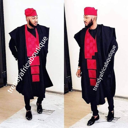 Agbada set for men. made-to-order Nigerian Traditional embriodered quality senator material set for Men/Groom. Custom-made design. Can be produce in any color combinations of your choice. 4pcs set agbada, inner top and bottom + cap. set.