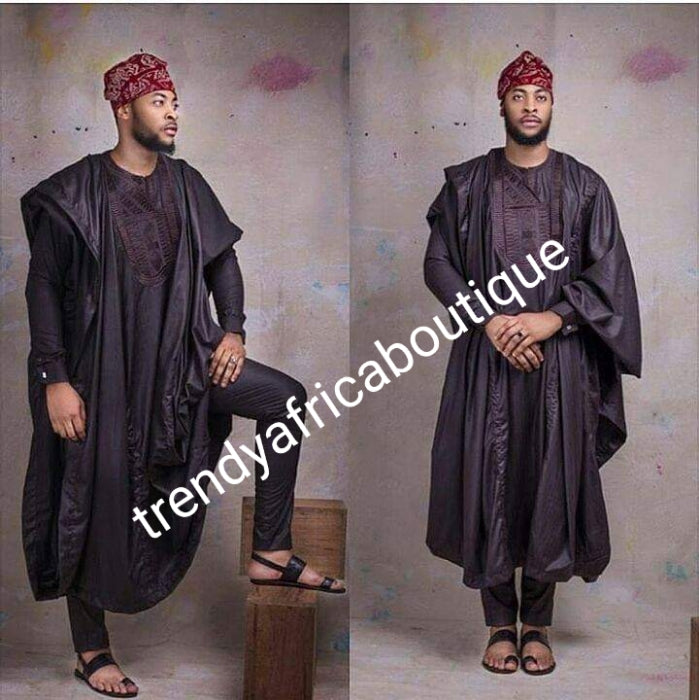 Agbada set for men. made-to-order Nigerian Traditional embriodered quality Brocade set for Men/Groom. Custom-made design. Can be produce in any color of your choice. 4pcs set agbada, inner top and bottom + cap. set. Contact us for group order