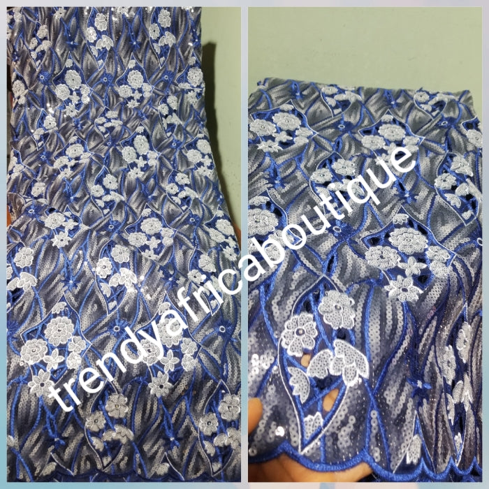 Navyblue/gray sequence Double Organza swiss lace Fabric. Beautiful handcut lace embellished with sequence. Classic Big Nigerian party lace sold per 5yds. Exclusive celebrant organza ideal for Iro/buba!!