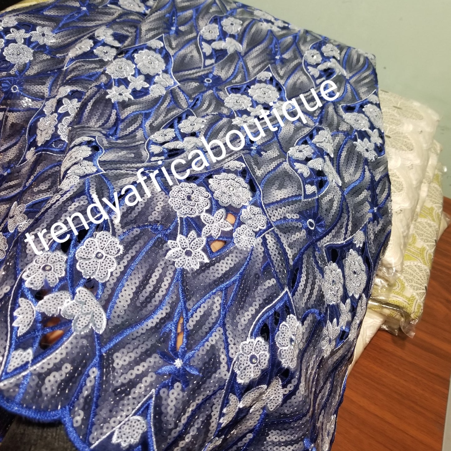 Navyblue/gray sequence Double Organza swiss lace Fabric. Beautiful handcut lace embellished with sequence. Classic Big Nigerian party lace sold per 5yds. Exclusive celebrant organza ideal for Iro/buba!!