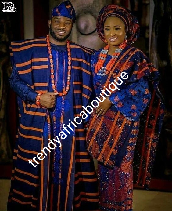 Latest Aso-oke set for Nigerian Traditional ceremonies such as weddings, Royalblue/orange Swarovski stones embellishment. Make-to-order only. Custom-made design. Allow 6-8 weeks for order process. Can produce any color of choice