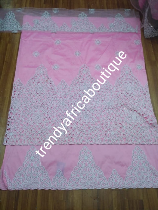 Sale: Quality pink Taffeta Silk George wrapper: hand cut border embellished with white sequence, and crystal stoned for Nigerian traditional wedding/party outfit. Come as 2.5yds+2.5yds +1.8yds matching net for blouse. best Indian-george.