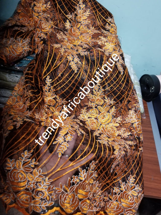 Clearance: black/orange embriodery net French lace fabric. Quality lace with crystal stons.. Sold per 5yds. African french lace fabric. Rich quality for wedding dress
