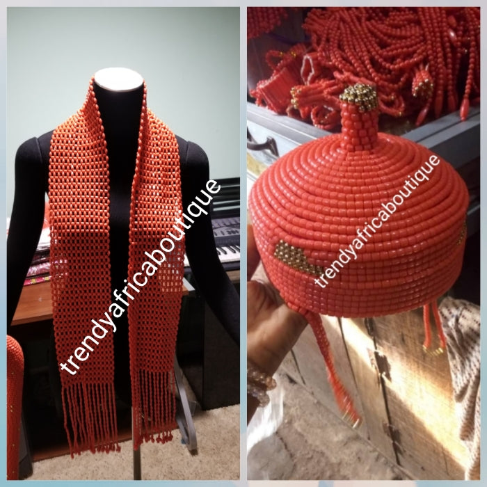 Back in stock: Nigerian Men Traditional wedding coral beaded cap and neck shawl for Edo/Igbo/Delta Groom. Special African wedding Accessories for men.sold together cap + shawl. We Also have beaded-necklace