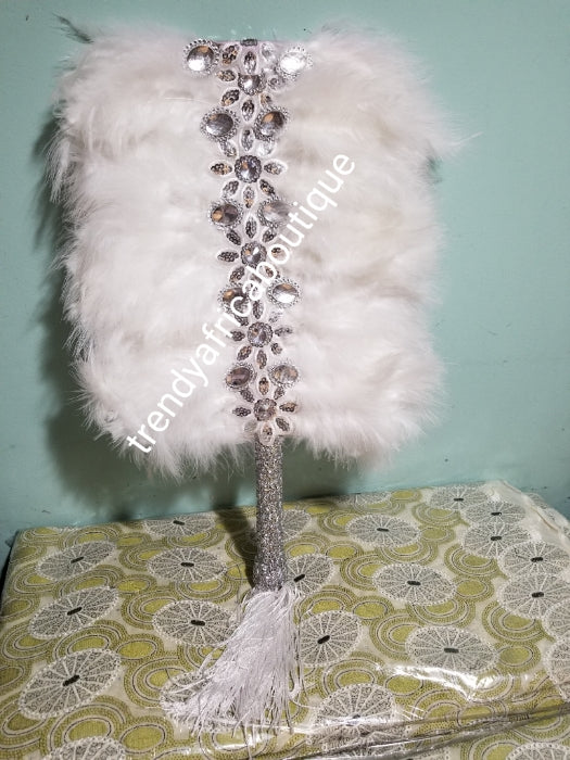 Pure white/silver  Feather hand fan. Large square shape hand fan Nigerian Bridal-accessories front and back design with beads and flower petal. Limited quantity. Very classy