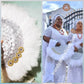 Back in stock. Pure White/silver Feather hand fan. Large moon shape hand fan Nigerian  Bridal-accessories front and back middle design with beads and flower petal. Limited quantity. 25" long + 14" wide. Small handle to hold your fan. Very class