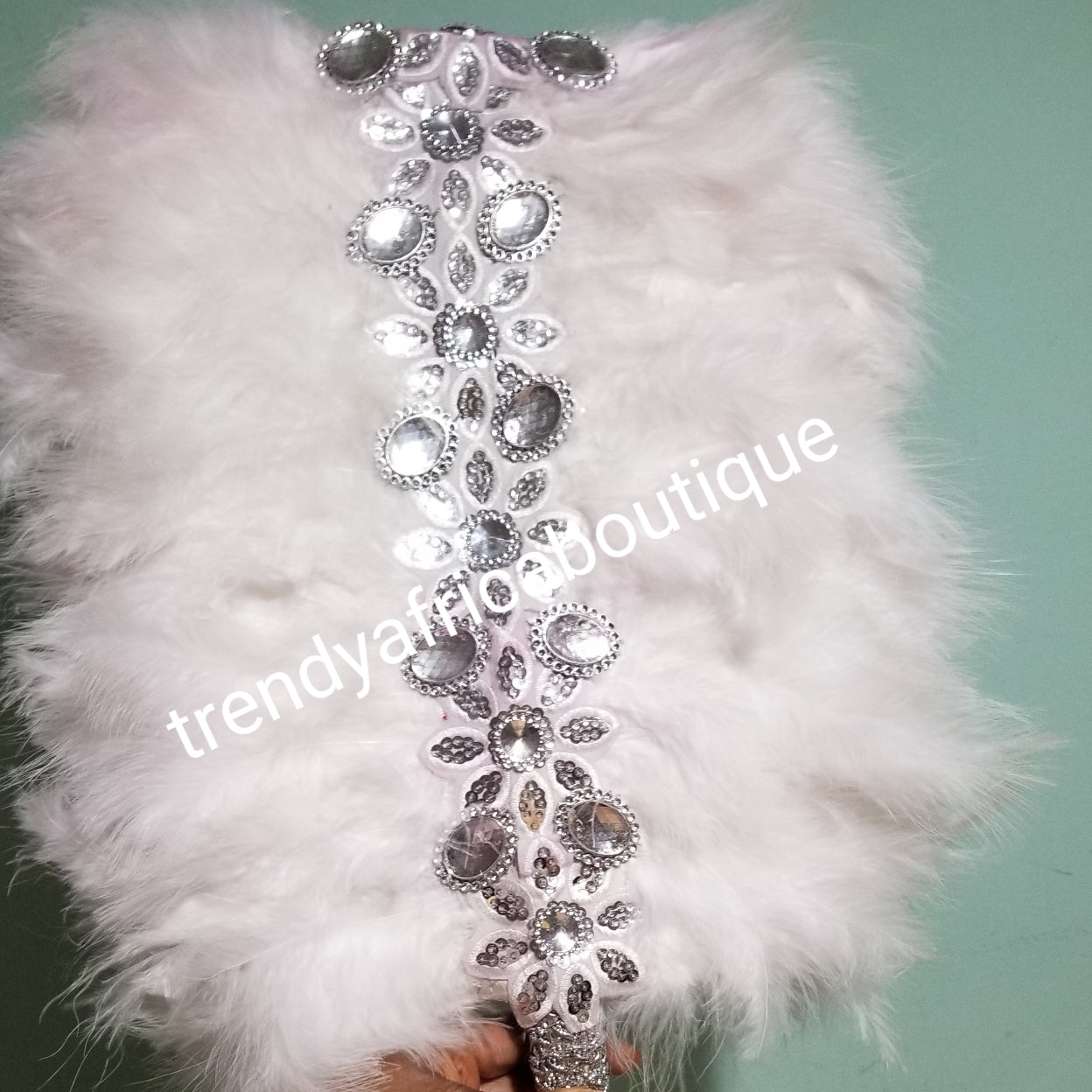 Clearance feather hand fan in beautiful white/silver accessories. Nigerian traditional Bridal Accessories hand fan for celebrant. Fully handmade with silver handle & white tassels. fluffy feathers hand fan