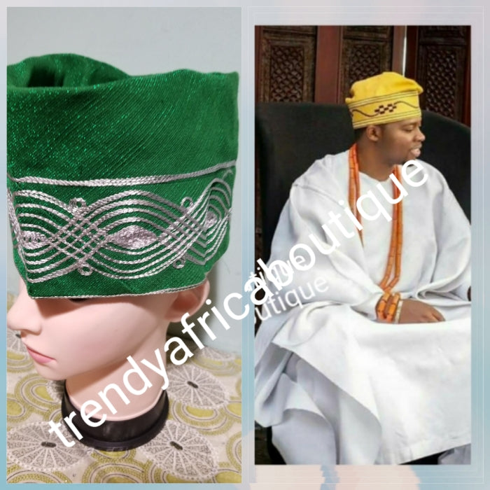New arrival Green Nigerian Agbada men-Cap made with Aso-oke with embroidery. Size is 23", & 24"  inches. Measure your head circumference before you place your order!!