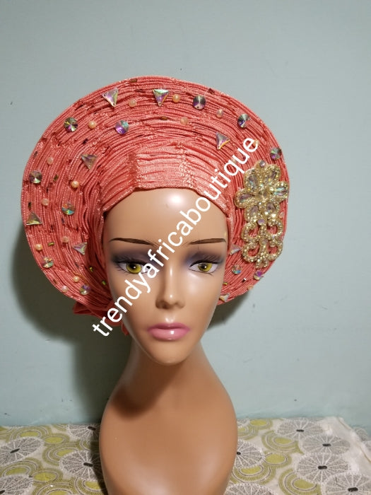 special offer Peach auto-gele made with basket aso-oke. original quality woven in Nigeria. Auto-gele Party ready in less than 5 minutes. One size fit, easy adjustment at the back with inside velcro and simple knot