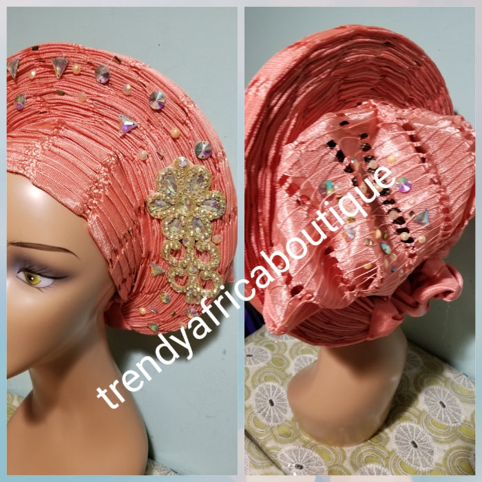 special offer Peach auto-gele made with basket aso-oke. original quality woven in Nigeria. Auto-gele Party ready in less than 5 minutes. One size fit, easy adjustment at the back with inside velcro and simple knot