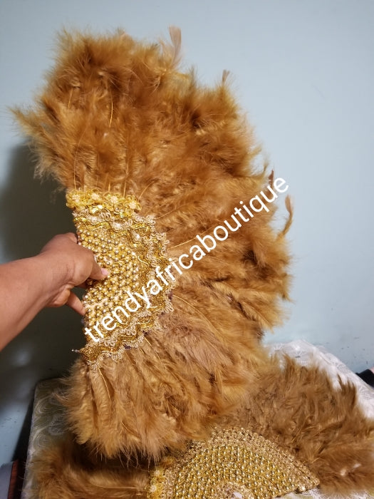 Gold Feather hand fan. Medium size moon shape hand fan Nigerian Bridal-accessories front and back middle design with beads and flower petal. Limited quantity. Very classy. 22"×13