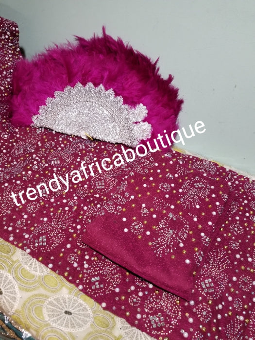 Bonus Offer magenta bedazzled Aso-oke. 4pc wide Gele with 72" long Ipele (shoulder shawl). Sold with or without feather fan. Nigerian Celebrant Aso-oke with matching  fila & feather fan from Nigeria. All over Swarovski stone work on gele/ipele