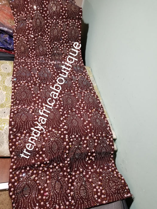 Bonus offer Wine Beaddazzled Aso-oke. 4pc wide Gele with 72" long Ipele (shoulder shawl). Can order the whole set or separately. Nigerian Celebrant Aso-oke with matching fila + feather fan  from Nigeria. All over Swarovski stone work on gele/ipele