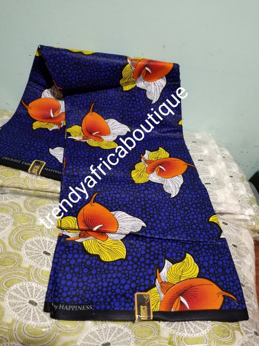 Beautiful royal blue/ flower Patten Nigerian Ankara wax print fabric. Sold per 6yds. Quality 100% cotton Ankara for making African dresses. New arrival veritable Hollandaise wax print fabric