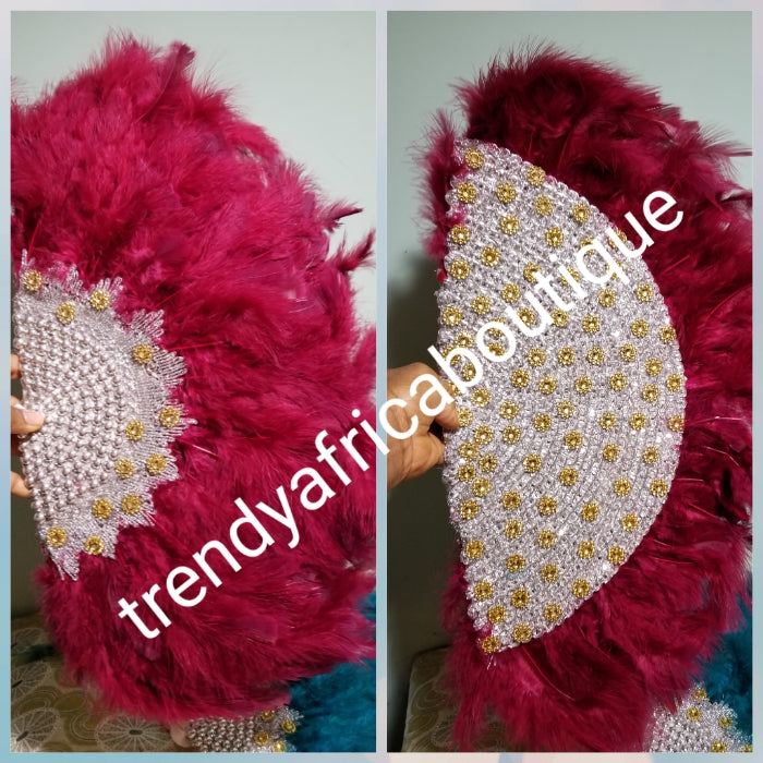 Bonus offer Wine Beaddazzled Aso-oke. 4pc wide Gele with 72" long Ipele (shoulder shawl). Can order the whole set or separately. Nigerian Celebrant Aso-oke with matching fila + feather fan  from Nigeria. All over Swarovski stone work on gele/ipele