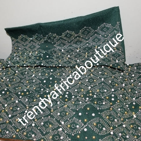 Bonus offer emerald green bedazzled Aso-oke. 4pc wide Gele with 72" long Ipele (shoulder shawl). Sold with or without feather fan. Aso-oke with matching  fila  and feather fan. All over Swarovski stone work on gele/ipele. Quality Celebrant aso-oke