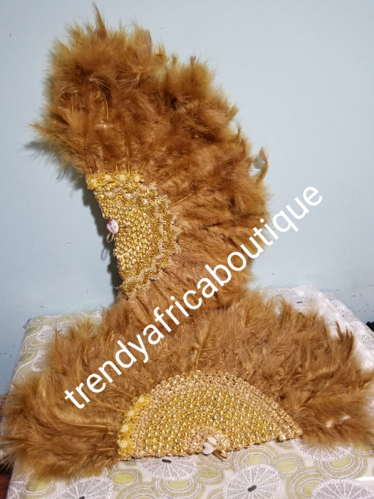 Gold Feather hand fan. Medium size moon shape hand fan Nigerian Bridal-accessories front and back middle design with beads and flower petal. Limited quantity. Very classy. 22"×13