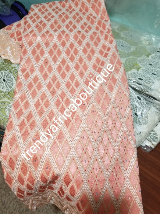 New arrival of Exclusive quality embriodery swiss lace fabric sweet peach. Nigerian traditional  stoned soft texture swiss voile. Sold per 5yds price is for 5yds.