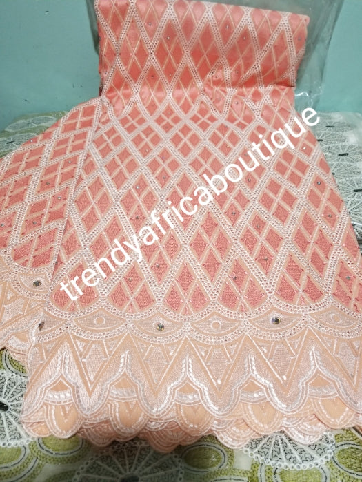 New arrival of Exclusive quality embriodery swiss lace fabric sweet peach. Nigerian traditional  stoned soft texture swiss voile. Sold per 5yds price is for 5yds.