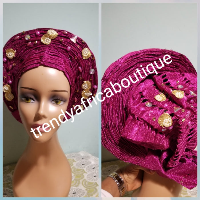 Magenta auto-gele made with basket aso-oke. original quality woven in Nigeria. Auto-gele Party ready in less than 5 minutes. One size fit, easy adjustment at the back with inside velcro and simple knot