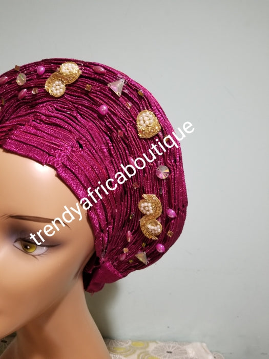 Magenta auto-gele made with basket aso-oke. original quality woven in Nigeria. Auto-gele Party ready in less than 5 minutes. One size fit, easy adjustment at the back with inside velcro and simple knot