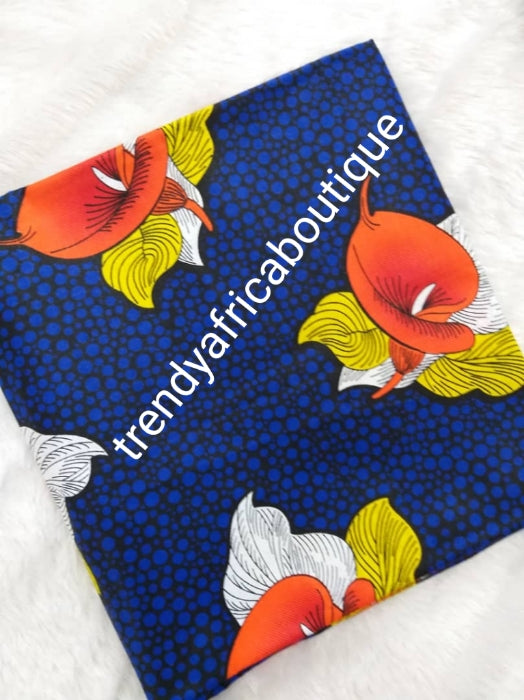 Beautiful royal blue/ flower Patten Nigerian Ankara wax print fabric. Sold per 6yds. Quality 100% cotton Ankara for making African dresses. New arrival veritable Hollandaise wax print fabric