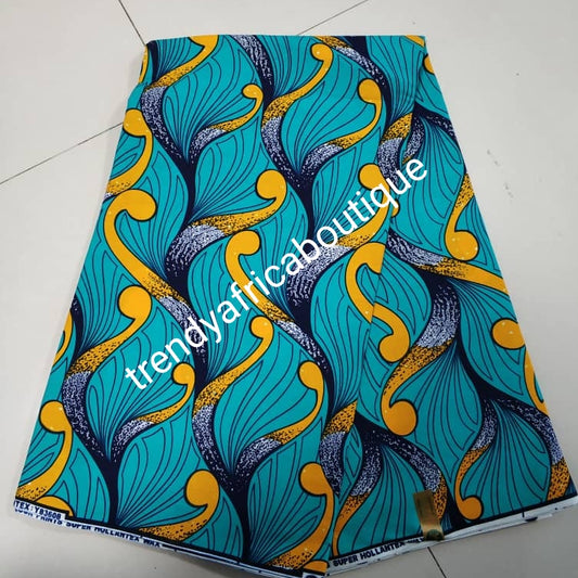 Blue/yellow mix 100% veritable cotton Ankara wax print fabric. Sold per 6yds. Price is for 6yds. Soft texture. Excellent quality for making fabulous African outfit