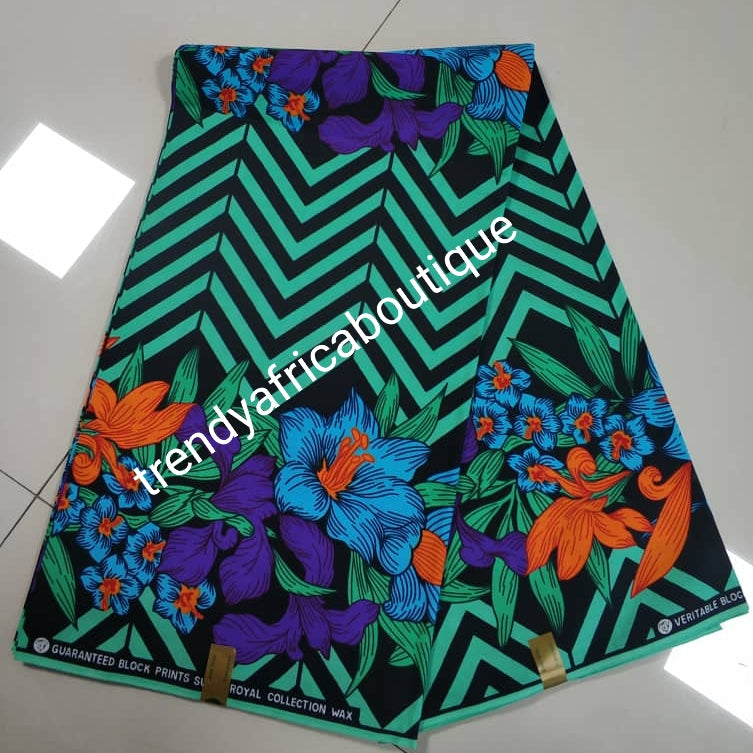Green with flower border 100% veritable cotton Ankara wax print fabric. Sold per 6yds. Price is for 6yds. Soft texture. Excellent quality for making fabulous African outfit