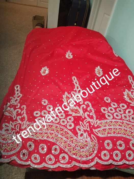 Sale: original quality Taffeta Silk George. Red George Embellished with silver crystal stones for Nigerian traditional wedding/party outfit. Come as 2.5yds+2.5yds +1.8yds matching net. Aso-ebi order available