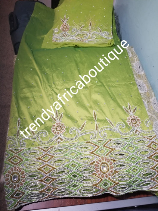 Sale: Quality Lemon Green Taffeta Silk George wrapper: hand cut border beaded and silver crystal stoned for Nigerian traditional wedding/party outfit. Come as 2.5yds+2.5yds +1.8yds matching net for blouse. best Indian-george.
