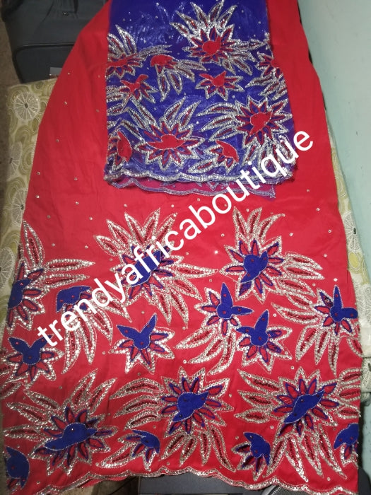 Sale: Quality Red Taffeta Silk George wrapper/ royalblue contrast blouse. hand cut border beaded and silver crystal stoned for Nigerian traditional wedding/party outfit. Come as 2.5yds+2.5yds +1.8yds matching net for blouse. best Indian-george.