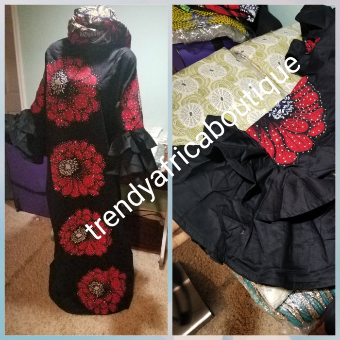 Latest flower pattern Ankara-kaftan. Embriodered and dazzling Swarovski stones to perfection! SIZE 18: Fit Burst 52" and full lenght 62" shoulder to floor. Sleeve 18". Double flared. Ankara pattern kaftan embriodered and stoned. Long free flowing gown.
