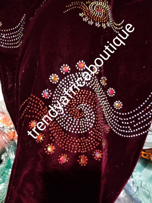 Clearance Wine Velvet wrapper. Original quality beaded and stoned. Use for Nigerian Bridal wrapper/traditional weddings ceremony. Igbo/Edo Bride wrapper in velvet. 2.5yds left and the pricenis for 2.5yds