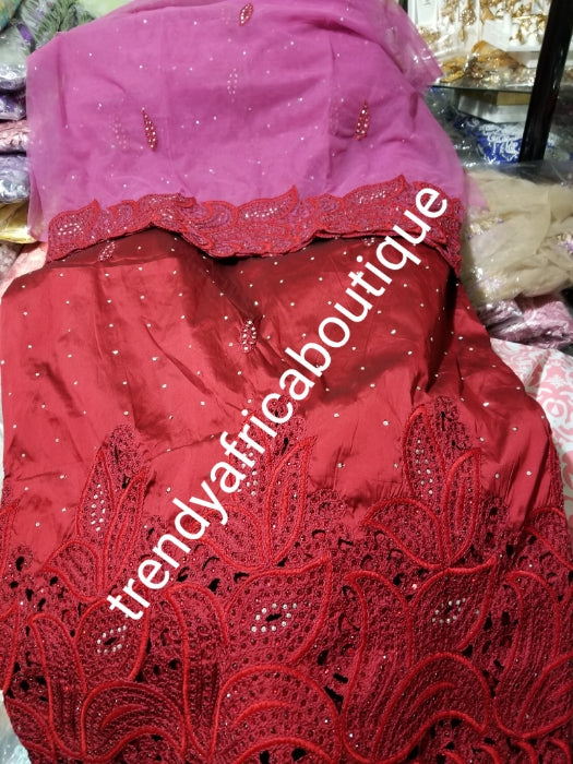 Clearance wine/onion pink blouse. Quality embriodery taffeta Silk George wrapper and matching contrast net  blouse combination. Small-George Embellished with Crystal stones. Ideal for making Nigerian traditional outfit