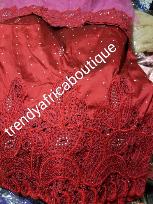 Clearance wine/onion pink blouse. Quality embriodery taffeta Silk George wrapper and matching contrast net  blouse combination. Small-George Embellished with Crystal stones. Ideal for making Nigerian traditional outfit