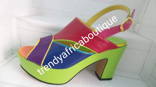 Sale, Sale Multi color Made in Italy platform shoe. Side buckle sandal. Size 39. Original Italian Leather shoe. 4" heel, Sweet color mix Green/Red/purple/blue