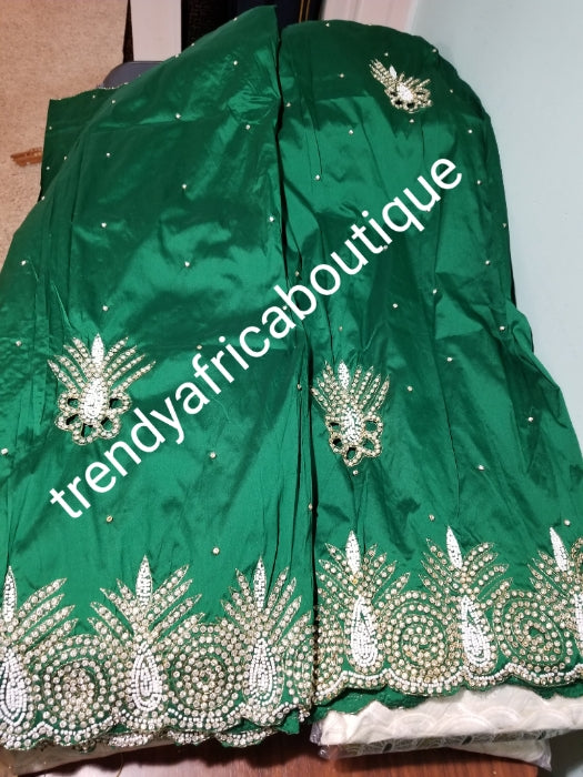 Sale sale; Green Nigerian Traditional George wrapper. Hand Beaded/stones design in 2.5yd+ 2.6yds + 1.8 matching net blouse. Igbo/delta bride outfit.  Small-George.