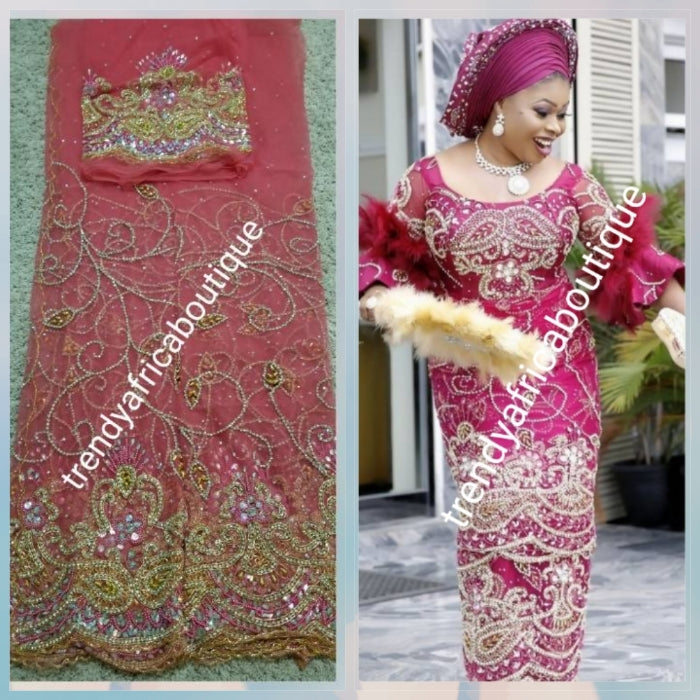 Sale: New arrival Coral color VIP Madam Net George wrapper for Nigerian big event. all hand stoned 5yds net + 1.8yds matching net  for blouse. Nigerian Traditional Celebrant Net George. Sold as a set.