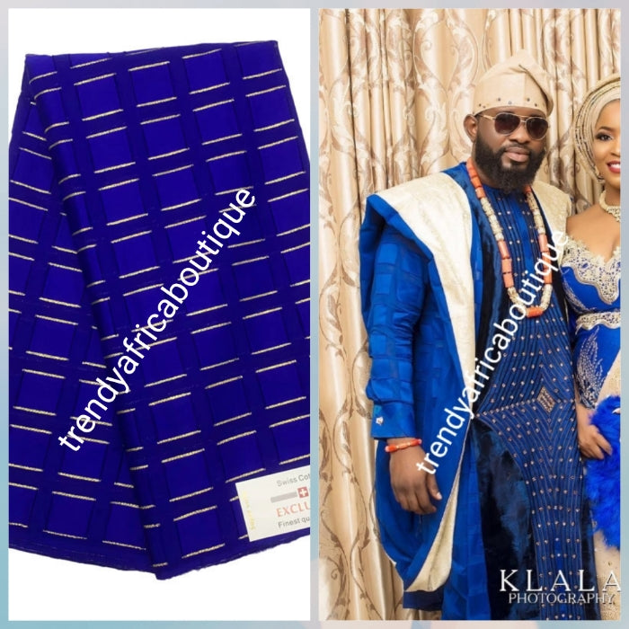 Lustrous quality royal blue Atiku swiss voile lace fabric for Nigerian Men native outfit. Soft texture fabric with beautiful embriodery, Can be use for agbada/3pc outfit for men. Sold per 5yds. Price is for 5yds. Men traditionally wedding outfit