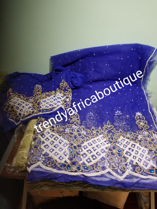 Clearance Net George: Nigerian VIP net Beaded and  Hand stoned George wrapper. .  5yes + 1.8yds matching net blouse. Sold as a set. Beautiful Royal blue net George