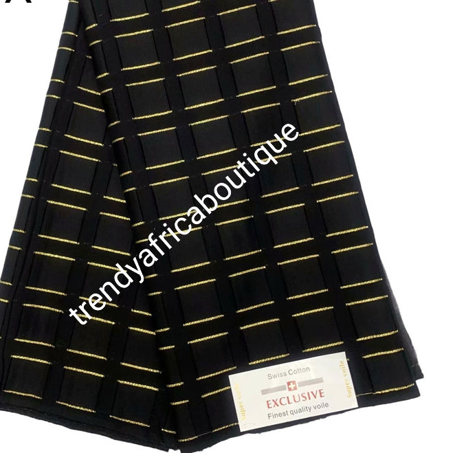 Lustrous quality Black/Gold Atiku swiss voile lace fabric for Nigerian Men native outfit. Soft texture fabric with beautiful embriodery, Can be use for agbada/3pc outfit for men. Sold per 5yds. Price is for 5yds. Men traditionally wedding outfit