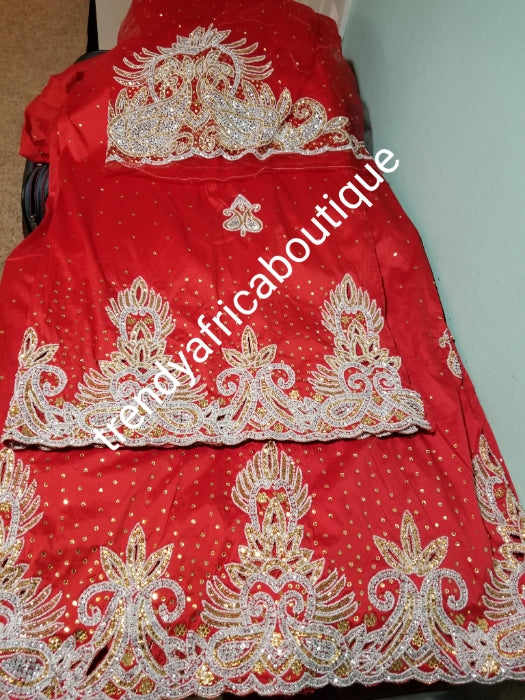Sale sale; Red taffeta George for Nigerian Traditional wedding wrapper/outfit. Embellished with Beads and crystal stones 2.5yds + 2.5yds + 1.8 matching net blouse. Igbo/delta bride outfit.  Small-George. Ideal for bride 1st outing dress