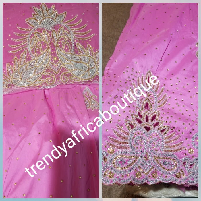 Sale sale; sweet pink taffeta George. Nigerian Traditional wedding George wrapper. Embellished with Beads and crystal stones 2.5yds + 2.5yds + 1.8 matching net blouse. Igbo/delta bride outfit.  Small-George. Ideal for bride 1st outing dress