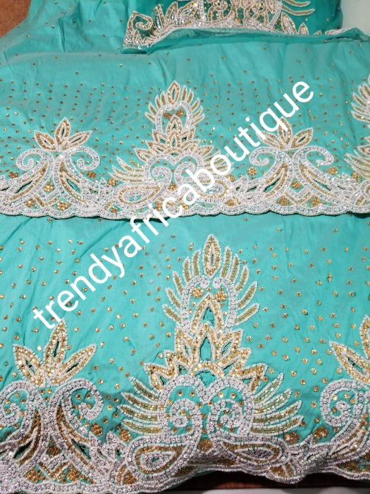 Sale sale; Mint green taffeta George. Nigerian Traditional wedding George wrapper. Embellished with Beads and crystal stones 2.5yds + 2.5yds + 1.8 matching net blouse. Igbo/delta bride outfit.  Small-George. Ideal for bride 1st outing dress