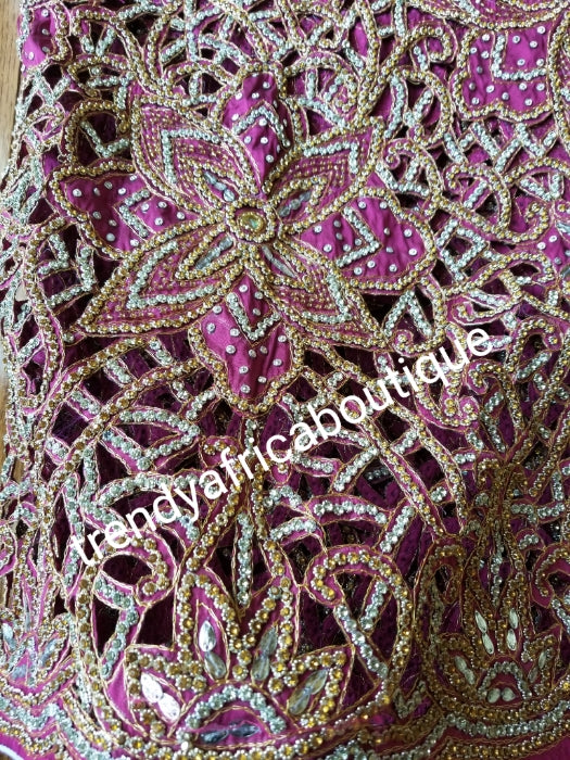 Magenta VIP/Celebrant Supper quality Silk George Wrapper for High society Ceremony. Niger/Igbo/Delta women George wrapper comes in 5yds wrapper + 1.8 yrds matching blouse. Nigerian Traditional outfit. Hand stoned with Gold and silver dazzling crystals