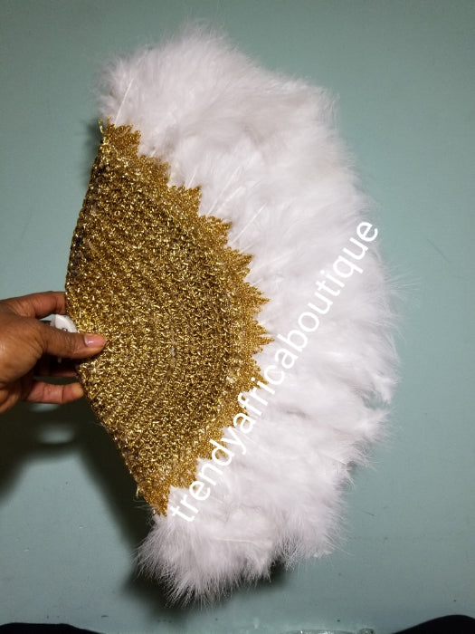 Pure White/gold Feather hand fan. Small moon shape hand fan Nigerian  Bridal-accessories front and back design same. Small handle to hold your fan. Very classy