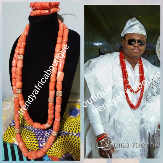 Make-to-order Big Chunky Edo Coral beads. Original Edo coral bead set for men or women use. 2 long row with gold accent + 2 bracelet all sold together. Coral-necklace set for that special occasion allow 6 to 8 weeks to arrive.